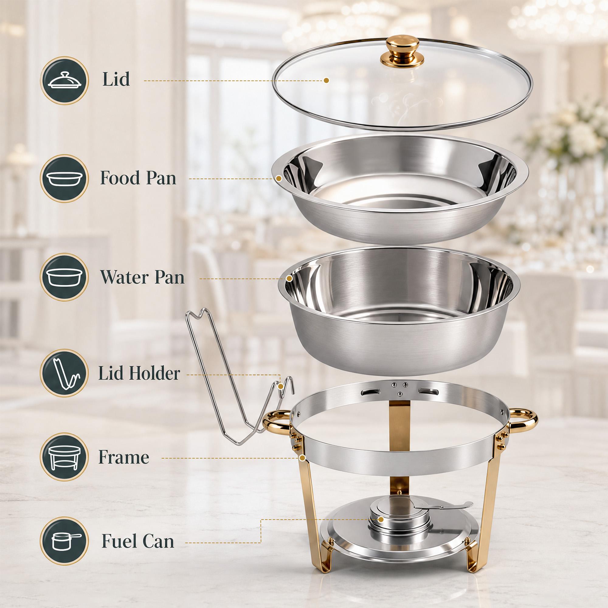 4-Pack Round Chafing Dish Buffet Bakeware Set - Stainless Steel Body with Gold Accents, Glass Lid, Lid Holder; Keeps Food Hot or Cold, Ideal for Catering Events, Family Parties