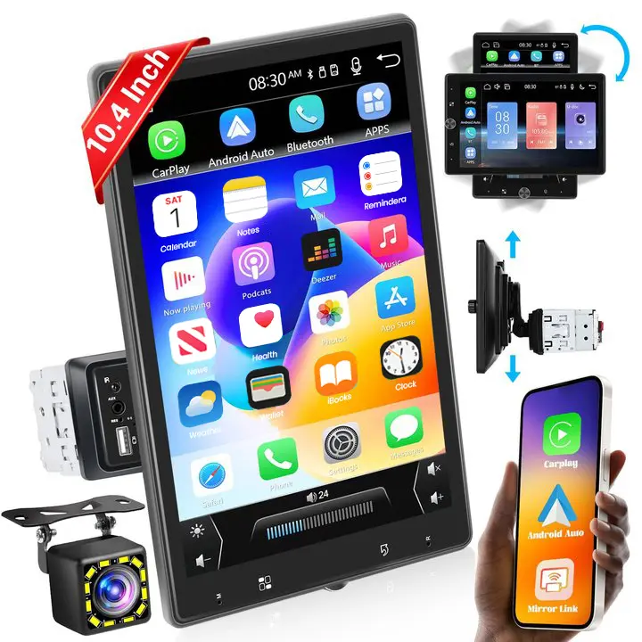 10.4-Inch Single Din Car Stereo with CarPlay, Android Auto Touchscreen, Navigation, Bluetooth Mirroring, Voice Control, FM Radio, 16-Band EQ, USB/TF/AUX, 12-LED HD Backup Camera, Rotatable Display, Car Electronics Accessory