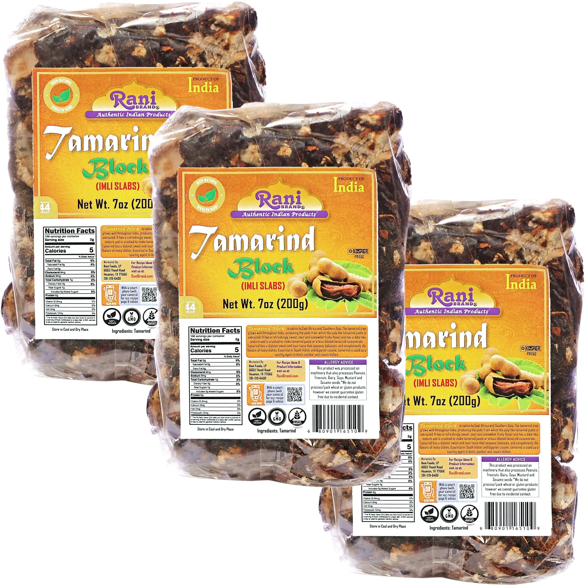 Rani Tamarind Block (Imli Slab) 7oz (200g), Pack of 3 ~ All Natural | No added sugar | Vegan | Gluten Friendly | NON-GMO | Kosher | Indian Origin