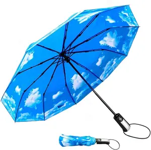 Travel Umbrella Windproof with 46 Inches Large Canopy 10 Reinforced Fiberglass Ribs  Handle Auto Open & Close, Sky Clouds