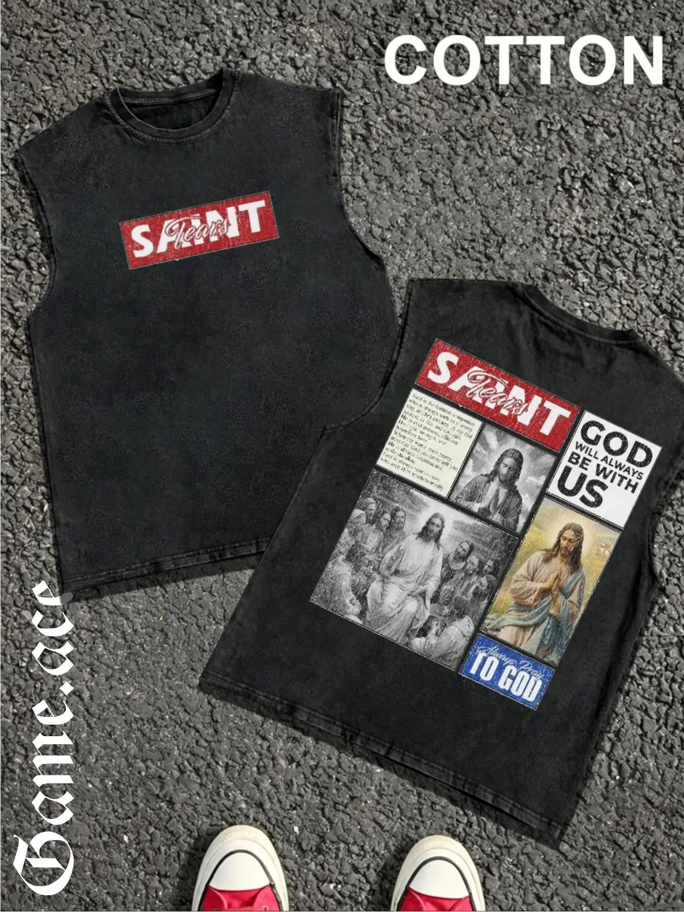 1 PCS Saint Tears Front Label & Vintage Jesus Collage God Be With Us Distressed Back Graphic, Religious Y2K Retro Streetwear Vest, Soft Breathable Unisex Tank For Faith Believers Summer Casual Outfit