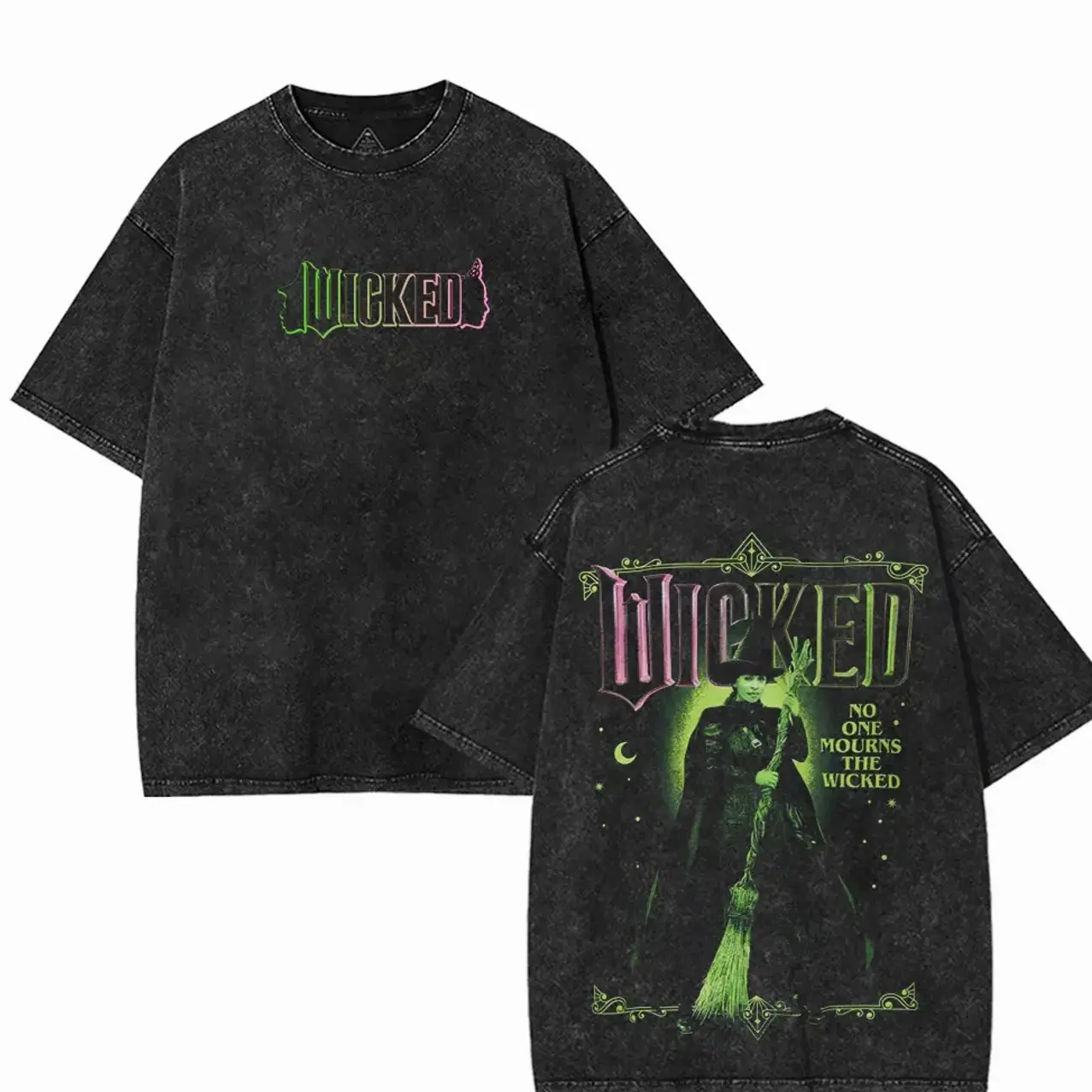 Wicked : For Good Elphaba Movie Y2K Oversized Acid Washed T-Shirt Vintage Graphic Tee, Double Sided Printed Unisex Classic Casual Soft Cotton Retro Streetwear Apparel, Crewneck Shortsleeve Top Menswear Gift for Movie Fan Lover Merch