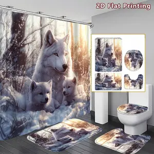 4PCS Arctic Wolf Family Shower Curtain set, Snow White Wolf and Pups Bathroom Decor, Accessories with Bath Mat, U-shaped Mat, Toilet Lid Cover, 12 Hooks 180x180cm Curtain, Wolf Enthusiast, Home Decor, bathroom accessories