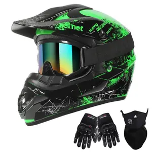 DOT Certified Bold Neon Green Graffiti Off-Road Dirt Bike Helmet Combo with Anti-Scratch Goggles, Durable Gloves, Quick-Dry Neck Cover – Adult Motocross Protective Gear for Outdoor Motorcycle Use