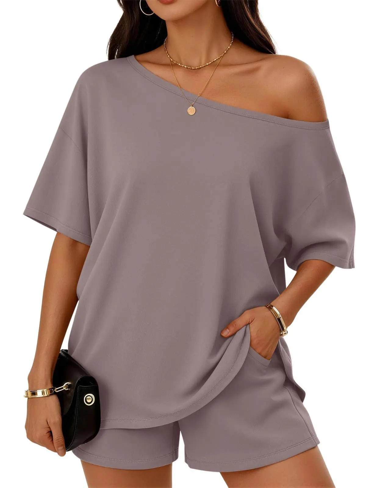 Women’s Oversized Lounge Set, Off Shoulder Short Sleeve Top with Matching Shorts, Casual Streetwear Summer Outfit