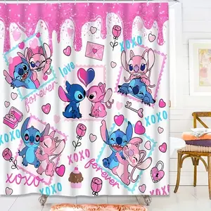 DISNEY CLASSIC Cartoon Stitch and Angel Shower Curtain, 12 Durable Hooks, Home Decor, New Home Gift Selection