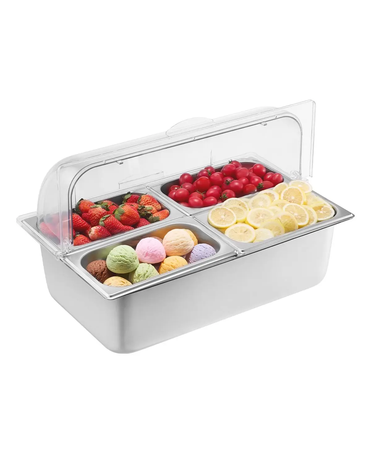 Clear Acrylic Countertop Food Serving Display Container For 4 Pan Condiment Dispenser With Lid, Transparent Food Organizer For Kitchen, Buffet, Cafeteria, Restaurant Use, Easy Access Condiment Holder