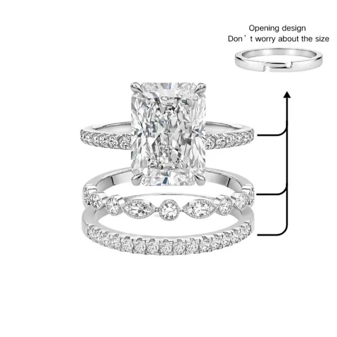 3-in-1 Radiant Cut Engagement Ring Set with Marquise & Pavé Stackable Bands luxury bridal ring stack set, affordable wedding ring combo, bridal matching band set