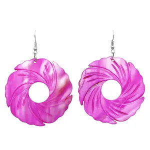 Colorful Spiral Circle Large Statement Natural Shell Dangle Drop Earrings (Fuchsia)