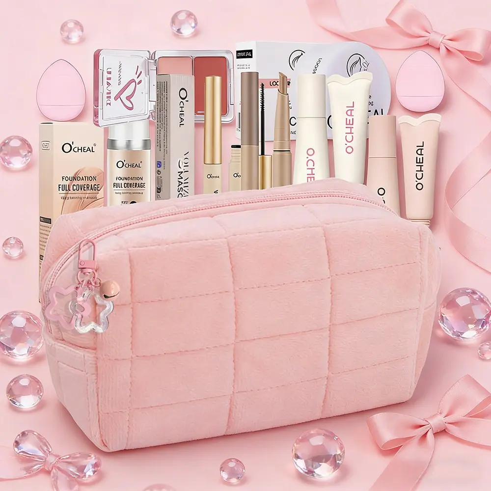 11 Piece Romantic Cosmetic Makeup Set, Makeup Combo, All-in-One Makeup Bag,Pink keychain, Foundation, Setting Powder, Dual-tone Blush Palette, Lip Gloss, Lash Primer, Contour Stick & Sponge, Gift for Valentine‘s Christmas Women‘s Day, Makeup Kit