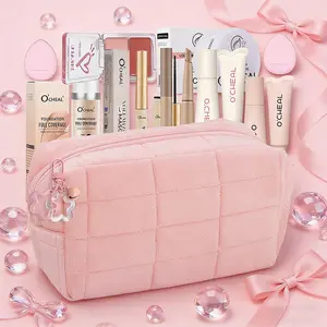 11 Piece Romantic Cosmetic Makeup Set, All-in-One Makeup Bag,Pink keychain, Foundation, Setting Powder, Dual-tone Blush Palette, Lip Gloss, Lash Primer, Contour Stick & Sponge, Gift for Valentine‘s Christmas Women‘s Day