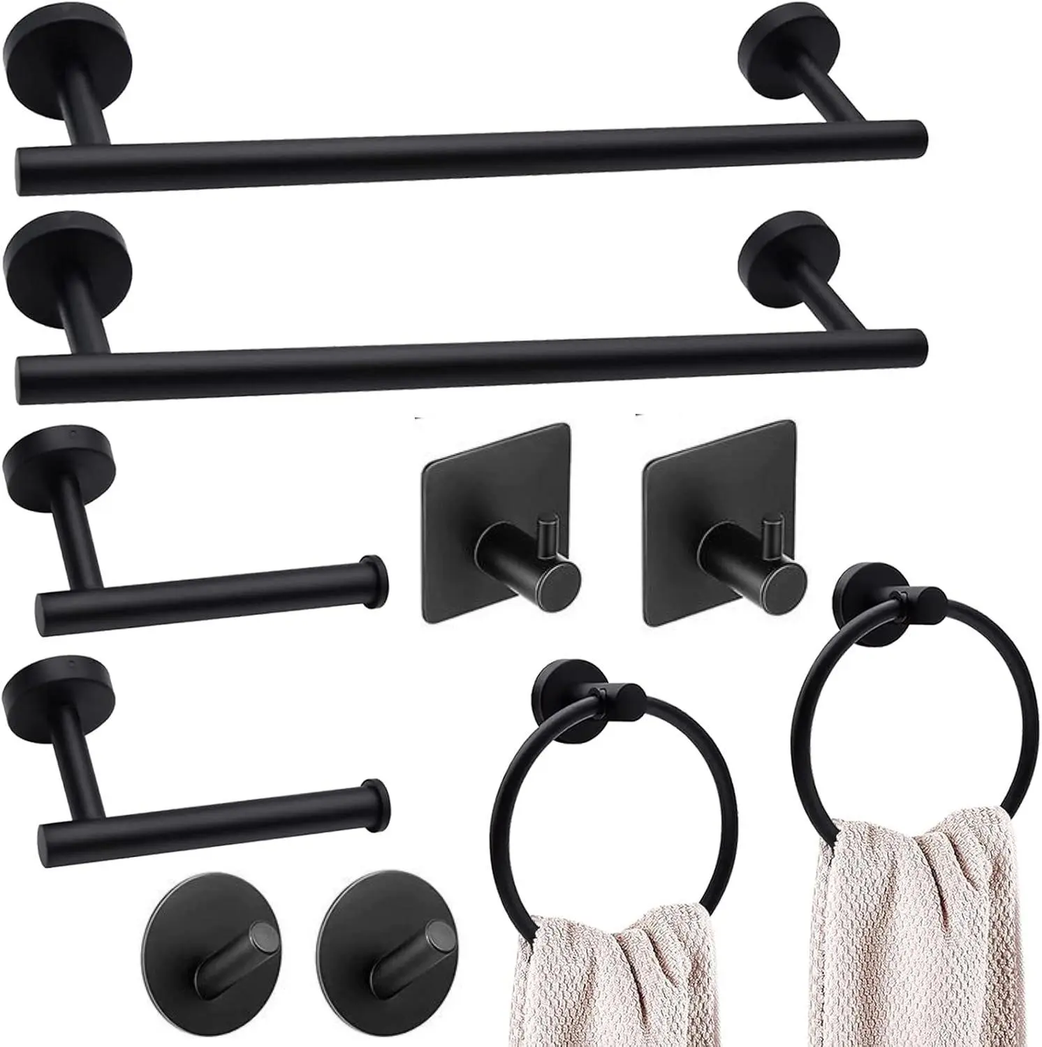 Matte Black 10-Piece Bathroom Hardware Set - Wall-Mounted Towel Bar, Towel Ring, Toilet Paper Holder, Robe Hooks, Adhesive Hooks, Easy-Installation Farmhouse Bathroom Supplies for Shower, Vanity Use, Bathroom Sets