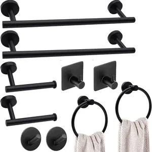 Matte Black 10-Piece Bathroom Hardware Set - Wall-Mounted Towel Bar, Towel Ring, Toilet Paper Holder, Robe Hooks, Adhesive Hooks, Easy-Installation Farmhouse Bathroom Supplies for Shower, Vanity Use, Bathroom Sets