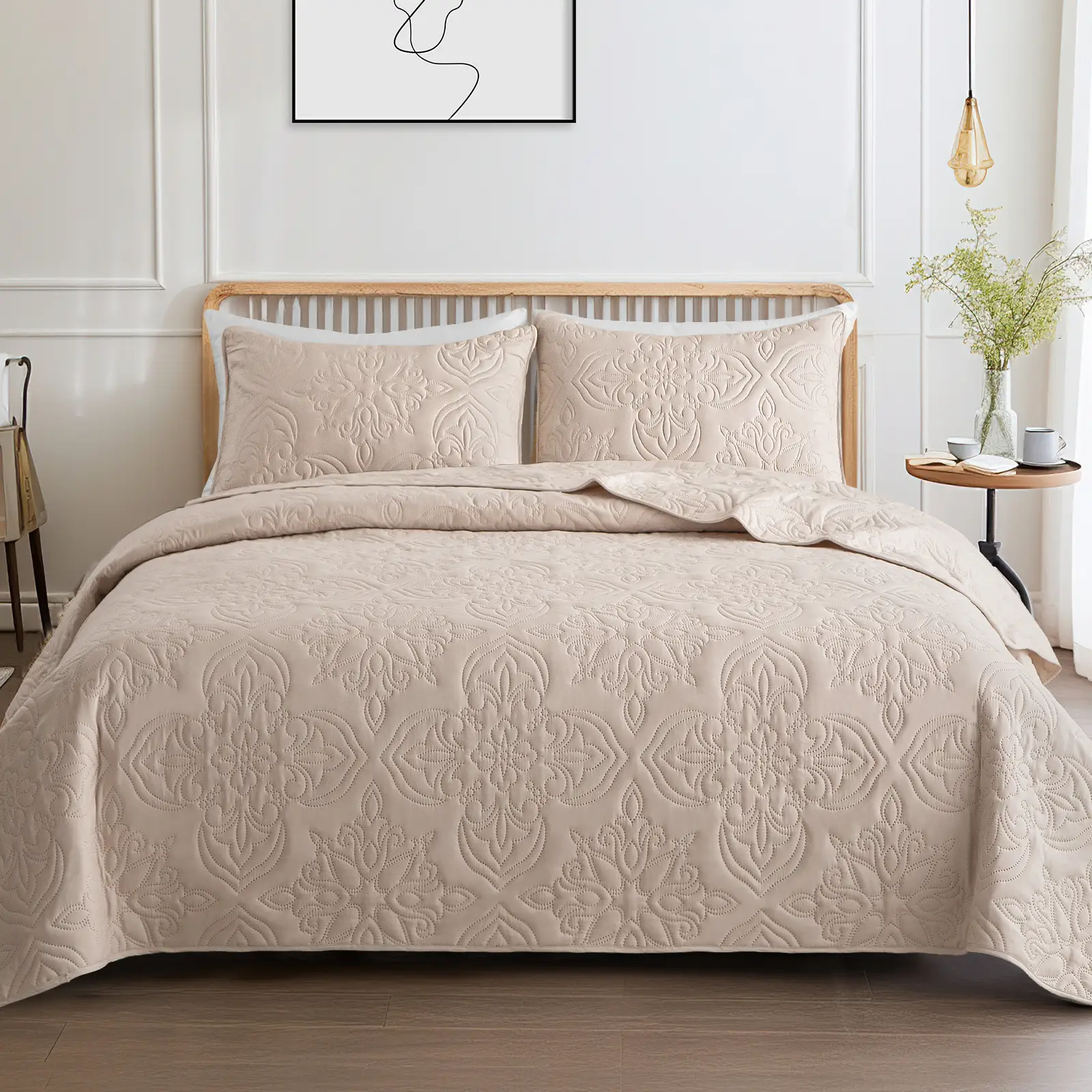 Whale Flotilla Soft Queen Quilt Bedding Set for All Seasons, Vintage Damask Ultrasonic Full Size Quilts Set, Lightweight Reversible Bedspread, Coverle