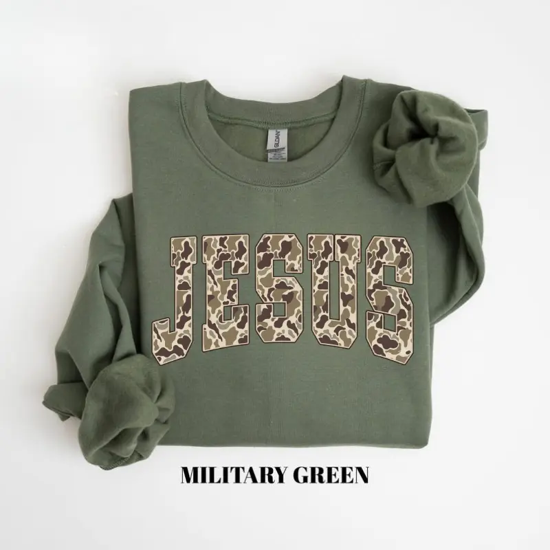 Camo Jesus Sweatshirt, Christian Faith Graphic Crewneck, Camouflage Religious Pullover, Inspirational Bible Verse Sweater, Trendy Christian Gift, Cozy Faith Apparel