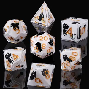 7-Piece Multisided Cartoon Cat Dog D&d Polyhedral Dice Set, Transparent Resin with Cats & Gold Numbers, Perfect for Tabletop Games & Gifts