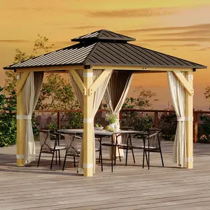 10x10 ft Hardtop Gazebo with Nettings & Curtains, Wooden Grain Double Roof Galvanized Steel, Heavy Duty for Patio Backyard Deck , Khaki lawn summervibes