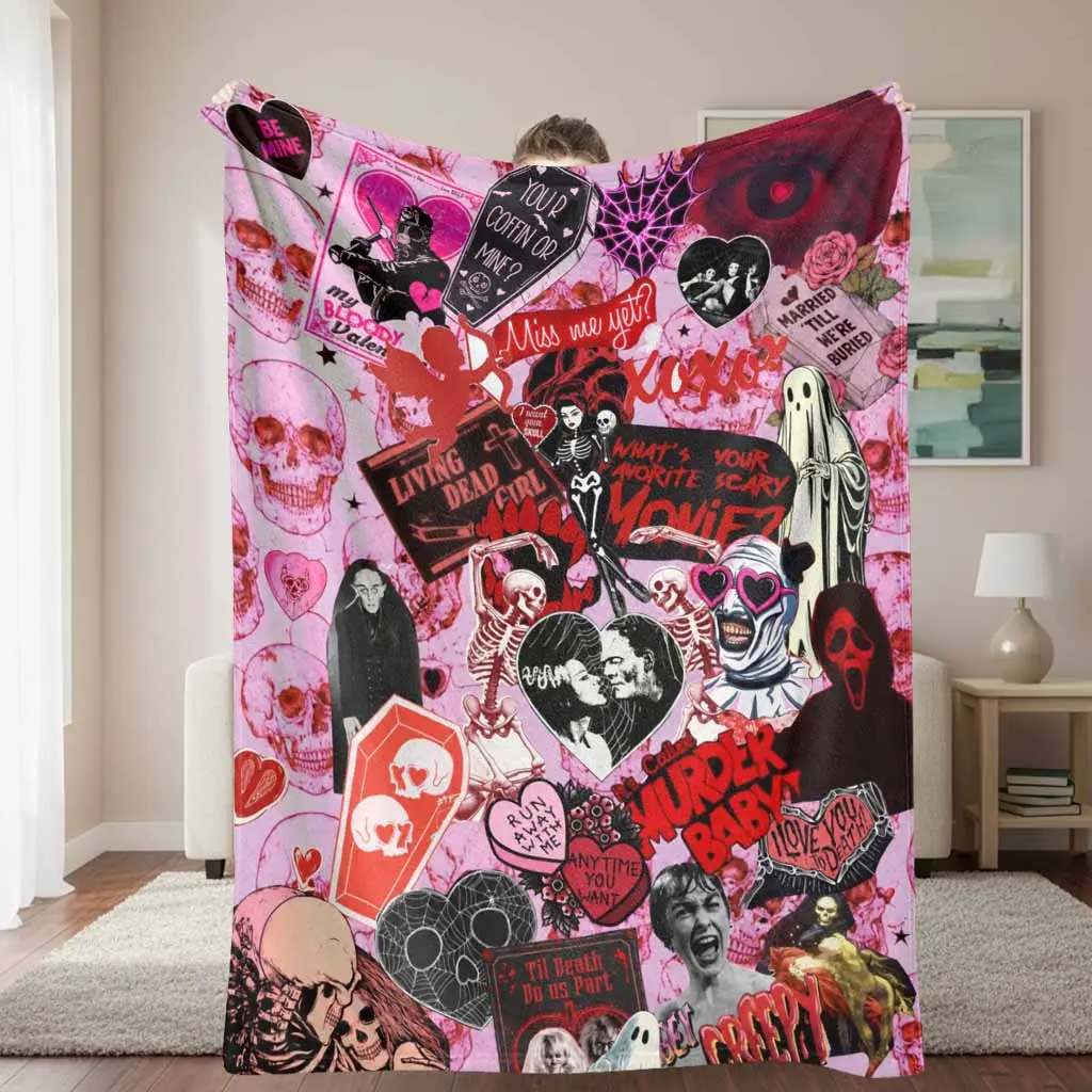 Gothic Valentine Flannel Blanket Pink Skull Heart Coffin Rose Print Soft Warm Lightweight Cozy Throw for Sofa Bed Dorm Halloween Party Anniversary Gift