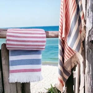Luzia Striped Peshtemal Multi-Use Towel - Beach, Pool and Bathroom (Single, 40 x 70 inches) 100% Turkish Cotton, Premium, Stylish, Soft, Absorbent and Quick Drying (Blue and Red)
