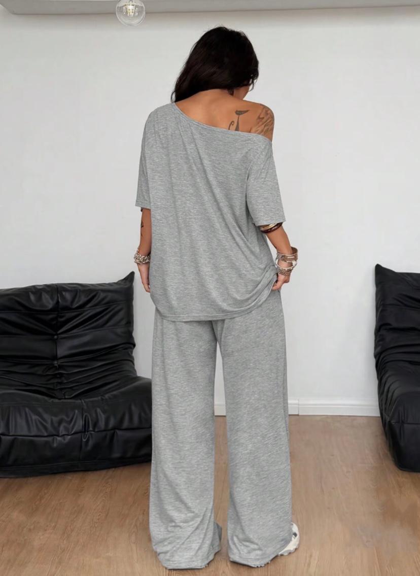 2pcs/Set Women's Minimalist Basic Daily Wear Everyday Going Out Sport Comfortable Off Shoulder T-Shirt And Wide Leg Pants Two Pieces Outfits
