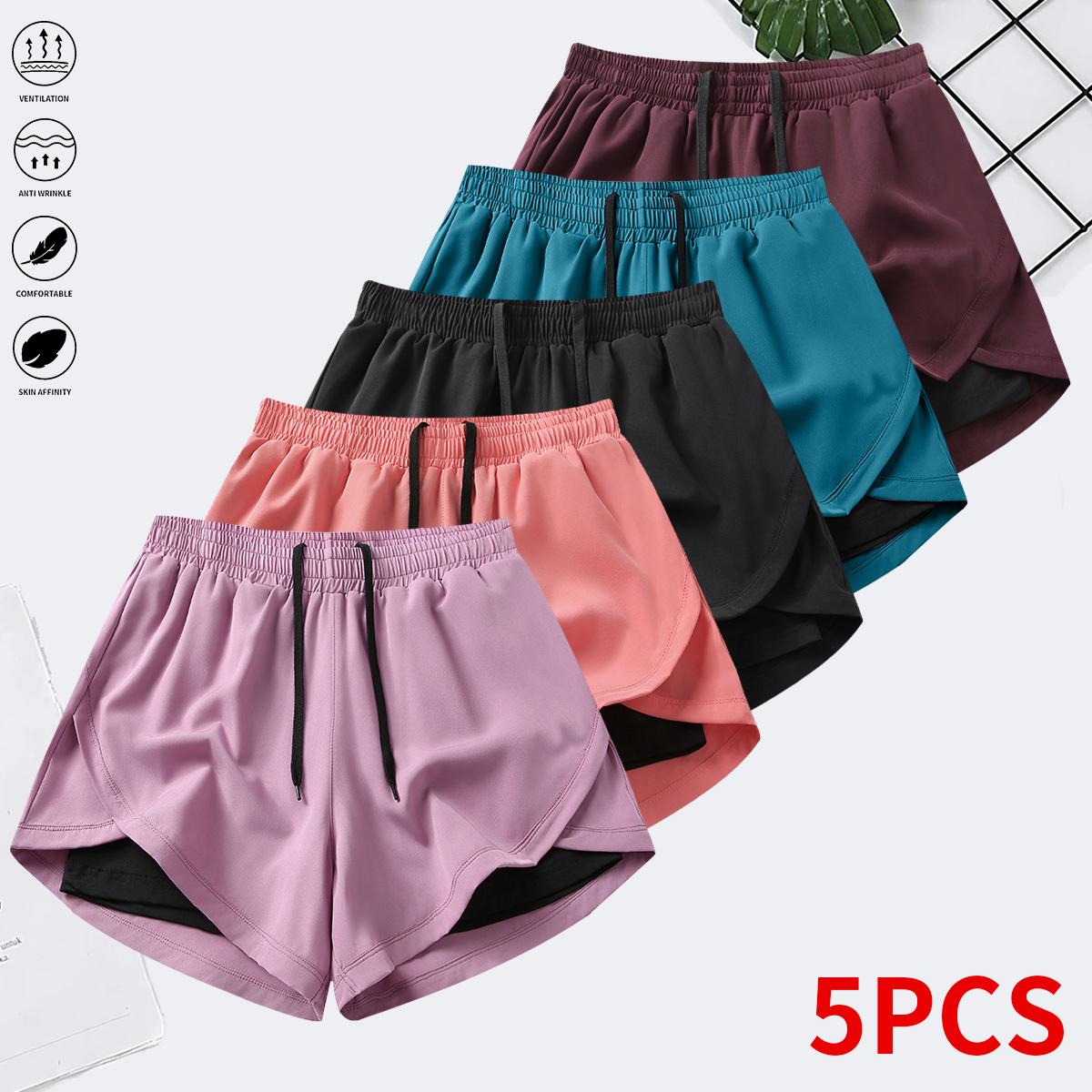 Women’s summer shorts: double-layer faux two-piece mid-length knit pants made from polyester–spandex fabric; breathable, quick-drying compression base layer shorts with elastic drawstring waist; suitable for fitness training, casual sports, and running.