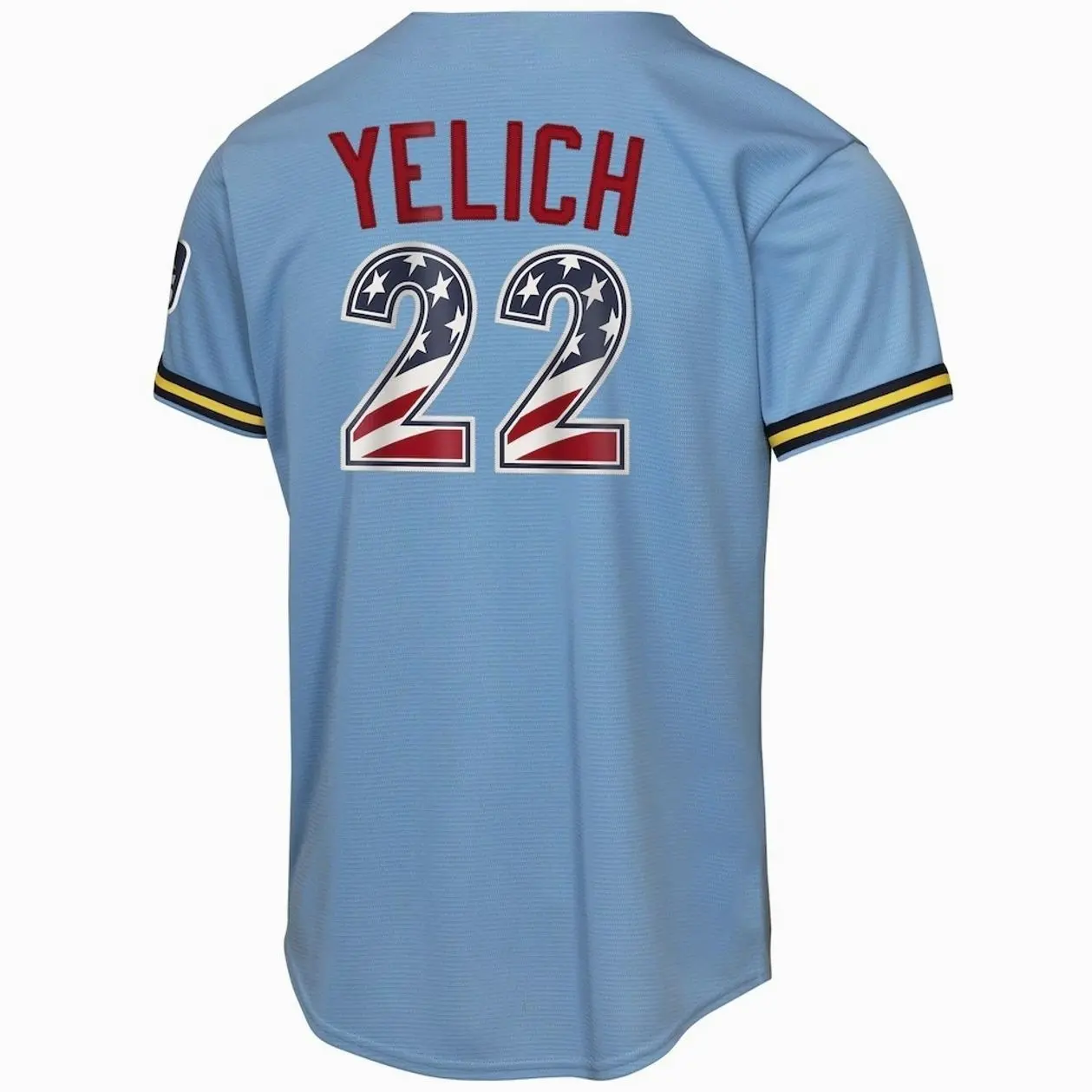 Unisex Baseball Jersey 22 Yelich Milwaukee 2026 USA 250 Fourth of July Road Replica Jersey - Light Blue