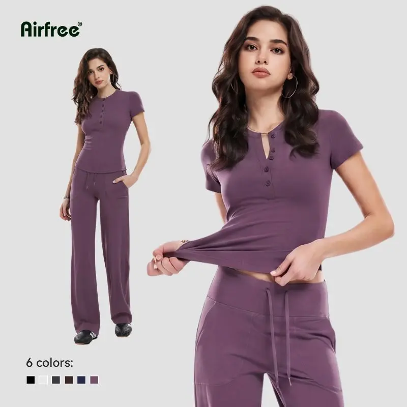 Airfree Women's 2 Piece Lounge Set Outfit Flattering Henley Slim Fit Tee with Drawstring Straight Leg Pant, Casual Lounge Matching Set, Slim Fit, Tall & Regular Length Friendly Minimal Chic Everyday Outfit, Workout Sets for Gym & Travel, summerwins