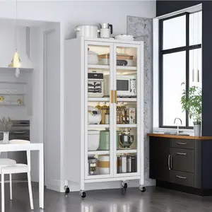 Floor-to-Ceiling Metal Storage Cabinet, Double Open Doors, 360° Rotating Alloy Wheels with Brakes, Microwave & Bowl Storage for Kitchen 5-Point Description（≤150，，