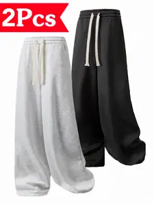 2-pack solid color loose straight pants made from soft, stretchy knit fabric, featuring an adjustable drawstring waist and side pockets; suitable for fitness, outdoor activities, casual wear, and parties; comfortable for all seasons.