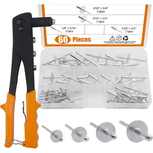 60pcs Large Flange Aluminum Blind Rivets Assortment Kit with Heavy Duty Hand Riveter Rivet Gun Tool 1/8" 5/32" 3/16" Pop Rivets