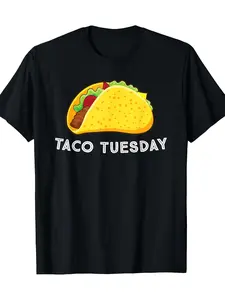 Taco Tuesday T-shirt, 100% cotton, casual round neck T-shirt, regular version, short sleeves, knitted fabric, medium elasticity, men's, four-season pullover, quick-dry performance, clean design, for couples, daily wear