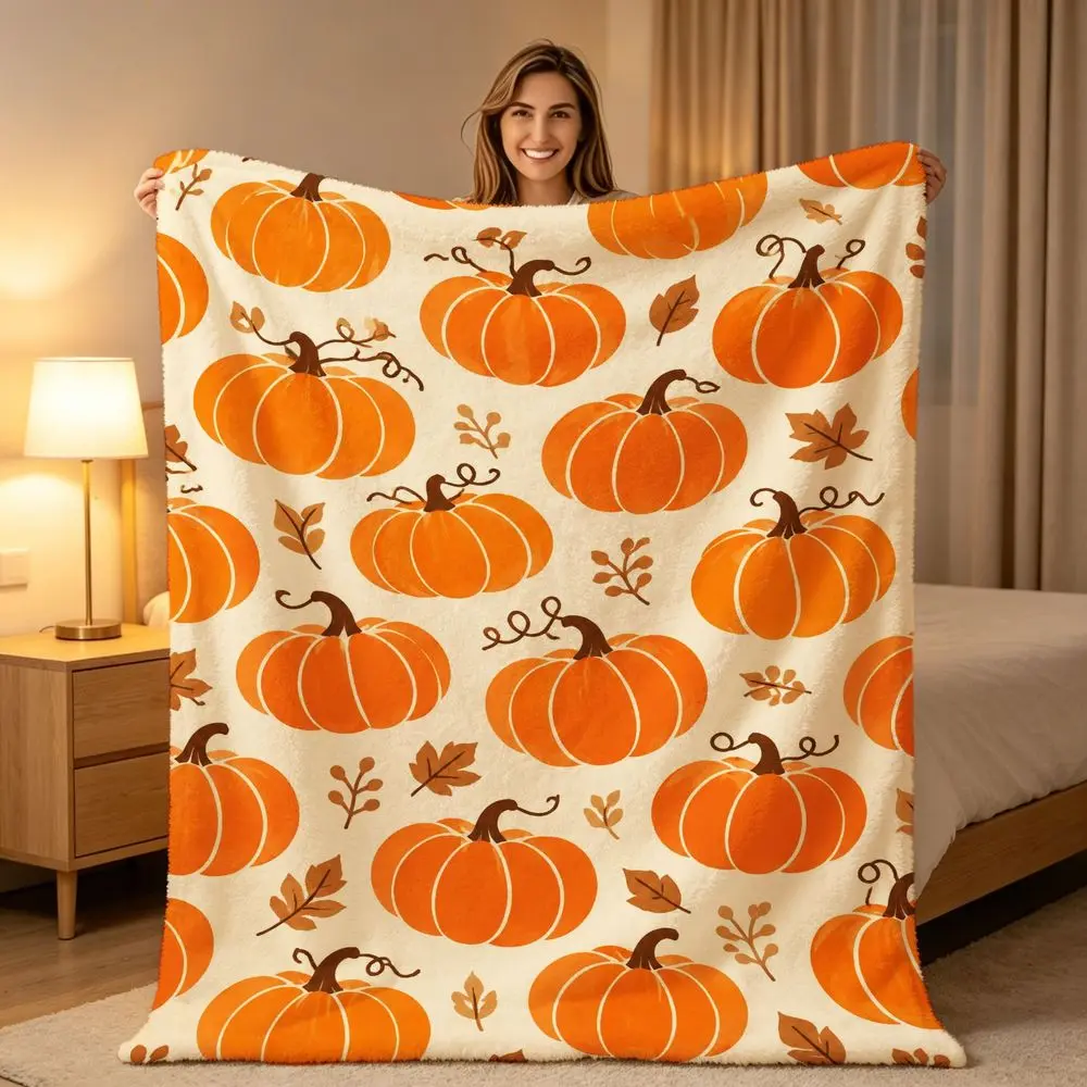 Cream Pumpkin Flannel Throw Blanket - Fall Orange Pumpkins, Autumn Leaves Pattern, Flannel Fabric, Super Soft Warm Cozy, Farmhouse Living Room Decor, Gift for Women, Thanksgiving Birthday Holiday Present