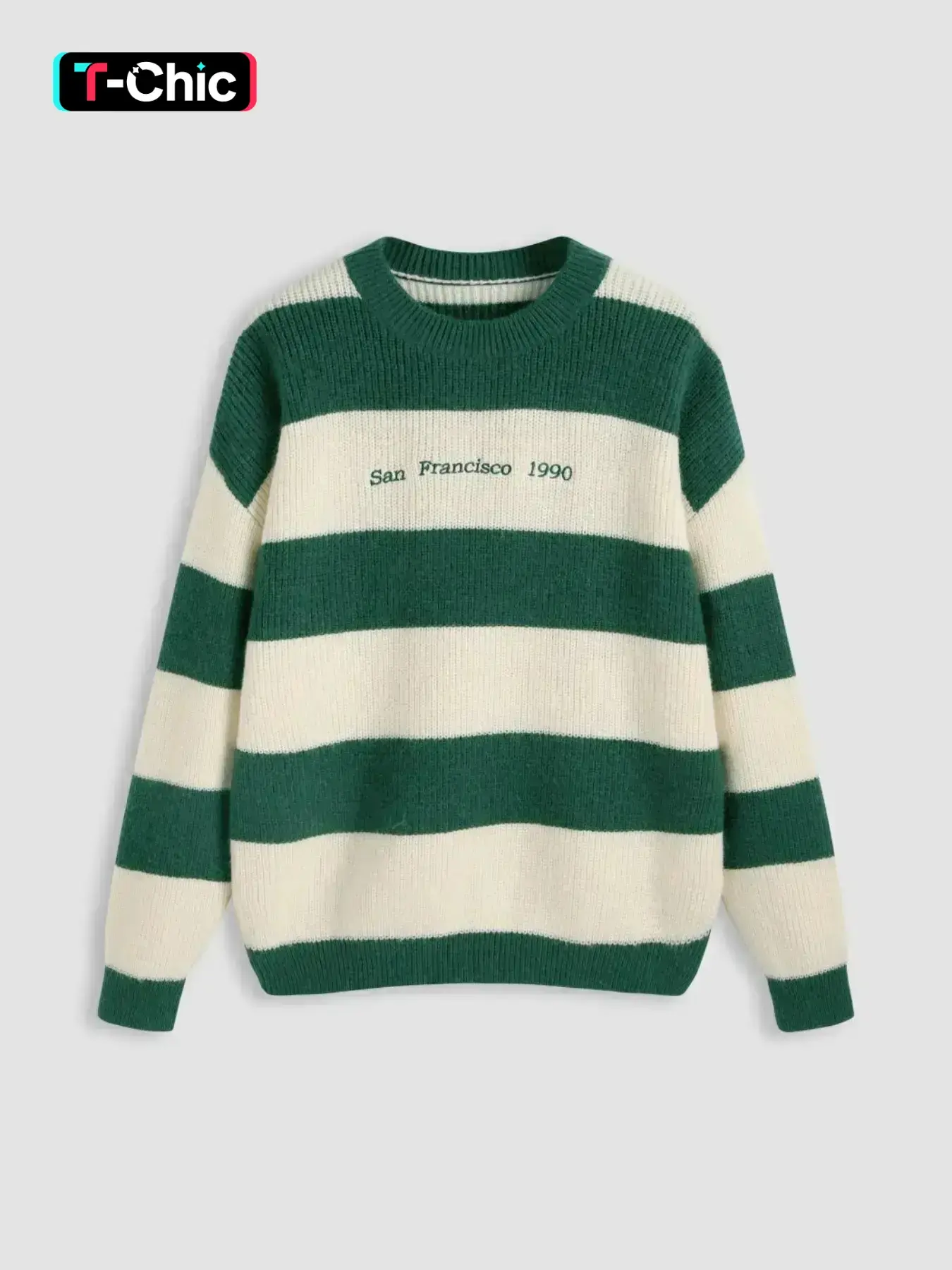 Men's Casual Round Neck Long Sleeve Striped San Francisco Letter Embroidered Pullover Knitwear Sweater, Fitted Medium Fabric, Spring & Fall Fashion