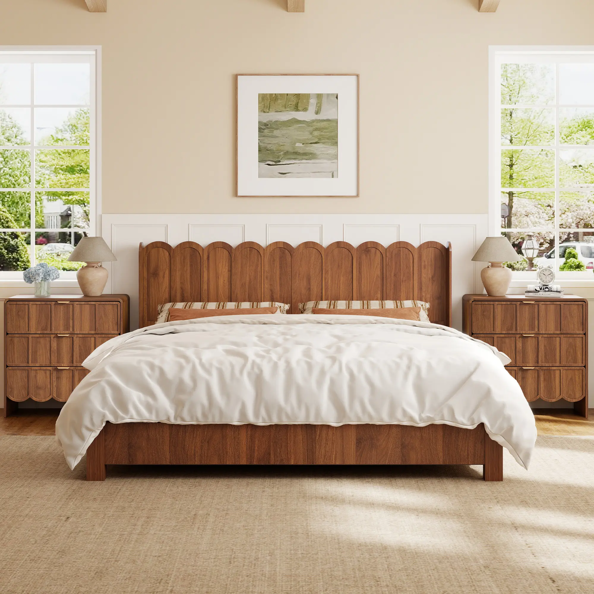 Giratree Adjustable Wood Headboard for Queen & King Bed, 64.17"/79.92" Scalloped Bed Headboard with Multi-Color LED Light, Height Adjustable Modern Bedroom Headboard, Walnut/Natural