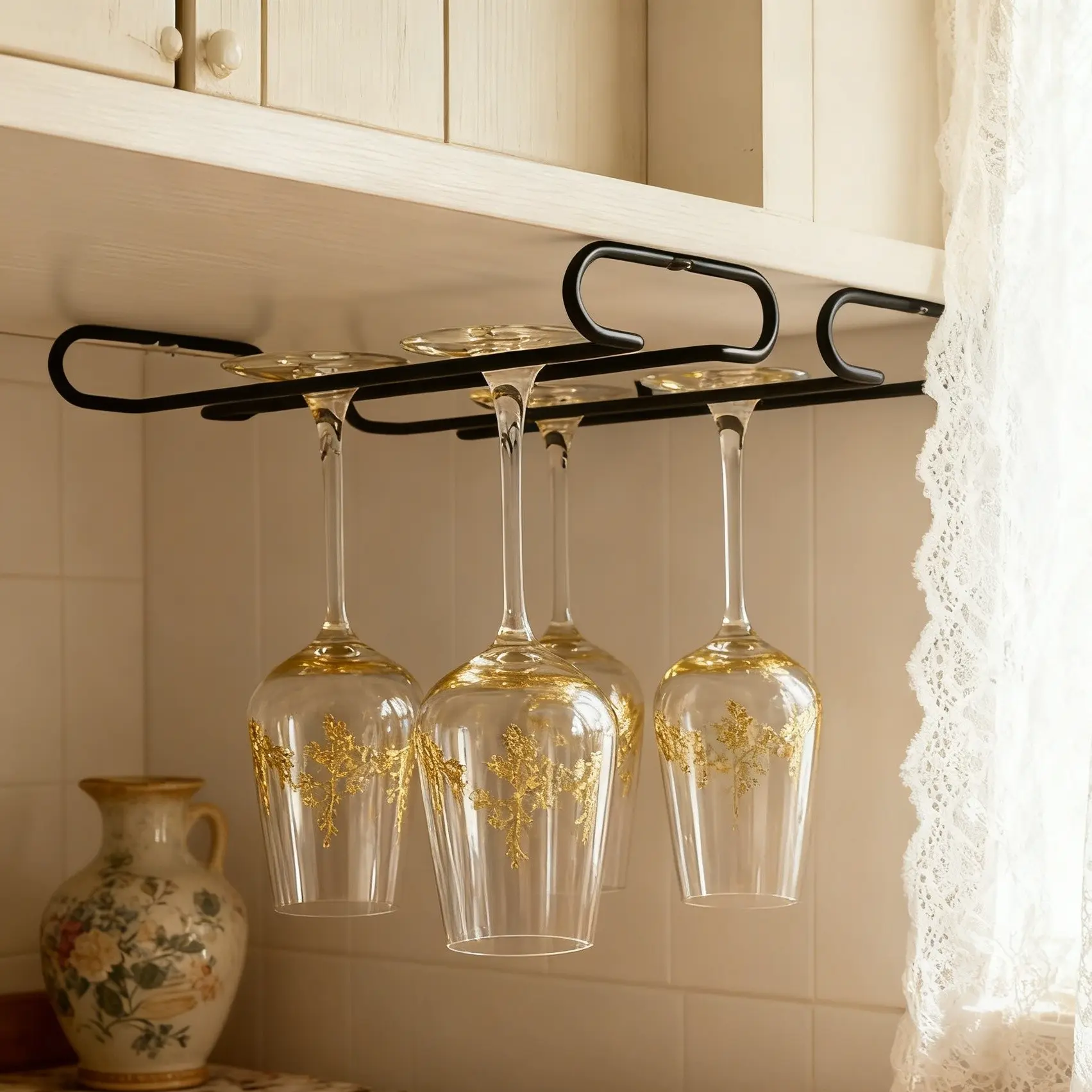 Heavy-Duty Metal Wine Glass Rack, Under Cabinet Hanging Storage for Kitchen Bar, Perfect for Organizing Wine Glasses and Cups, Modern Home, Cupboard Furniture, Kitchenware