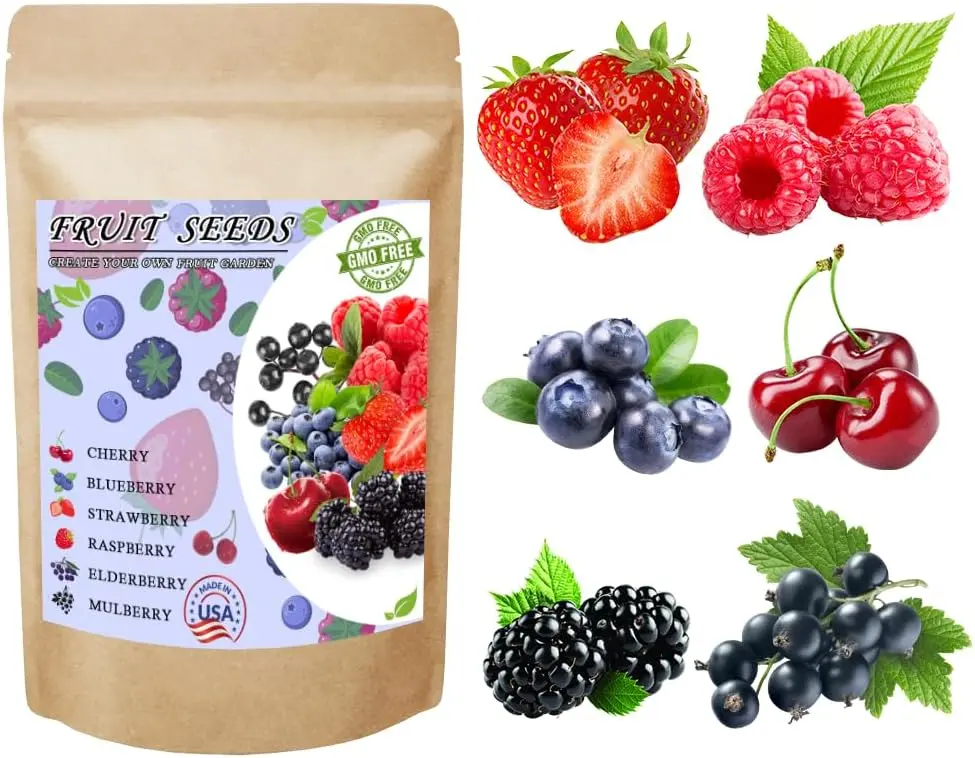 1100 Mixed Fruit Seeds for Planting, Berry Seed Variety Pack Including Strawberry, Raspberry, Mulberry, Blueberry, Elderberry and Cherry, Individually Packaged for Home Garden