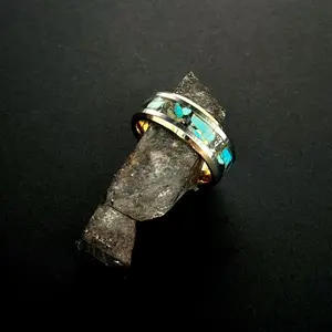 Mens Ring-Size 10 Gold plated tungsten-Fragments from the Muonionalusta meteorite & Turquoise