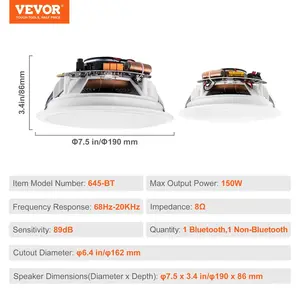 VEVOR 2 PCs 6.5'' Bluetooth in Ceiling Speakers, 150W, Flush Mount Ceiling in-Wall Speaker System with 8Impedance 89dB Sensitivity, for Home Kitchen Living Room Bedroom or Covered Outdoor Porches