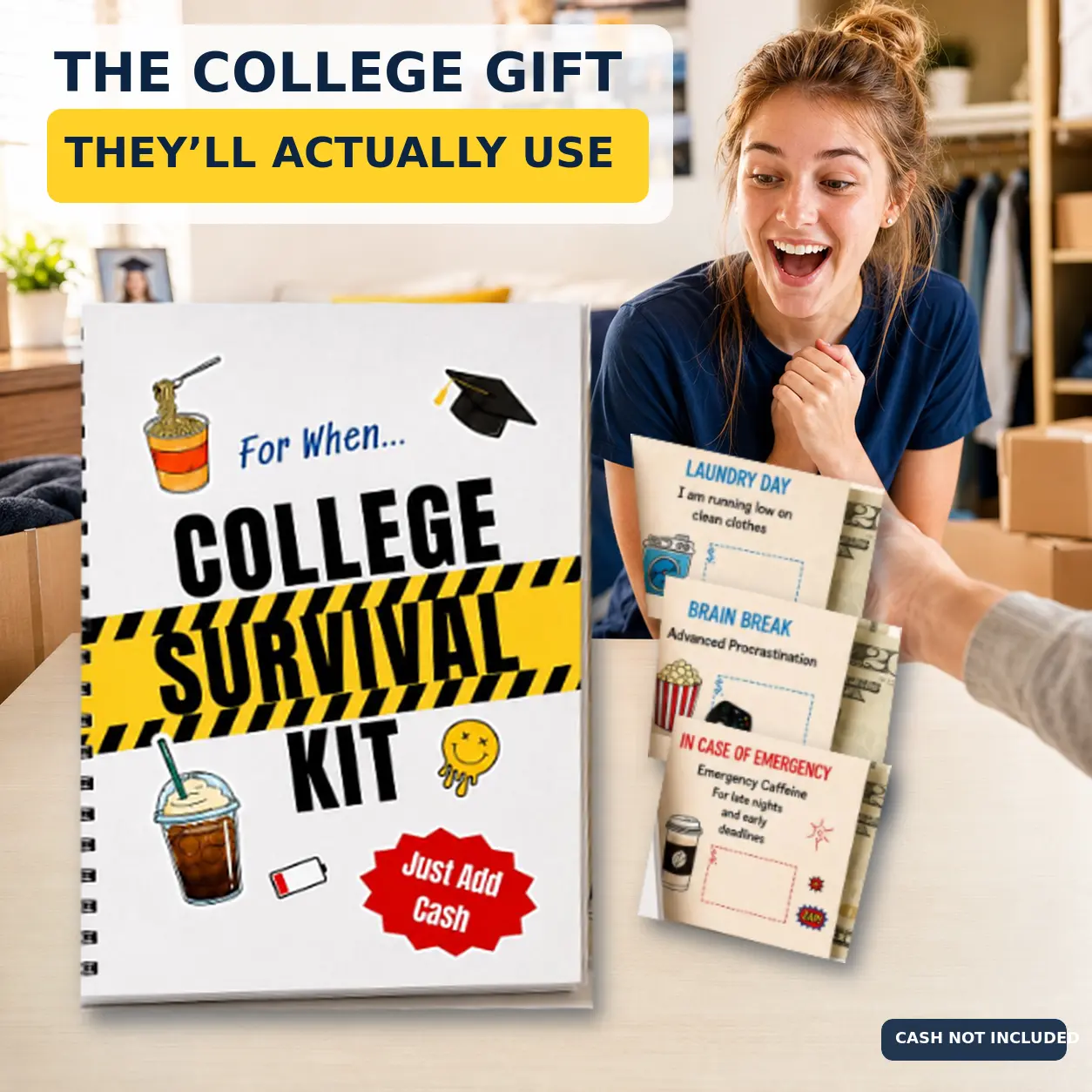 Funny Dorm Essentials Gift Book, College Survival Kit Gift Card Holder for 2026 Graduates, Cash Money Pages for Freshmen, Seniors & Student Care Packages