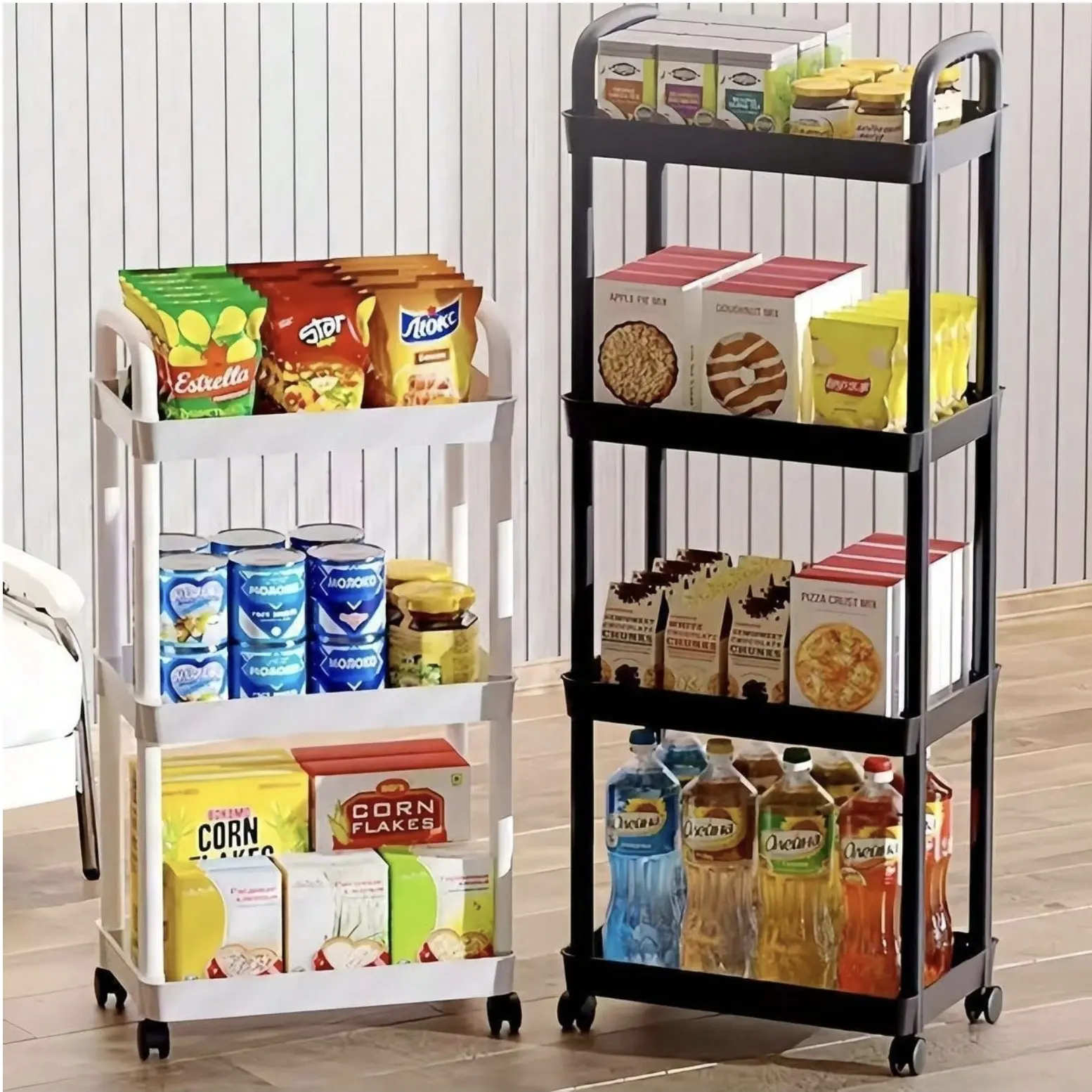 4-Tier Black & White Rolling Storage Cart – Plastic Organizer, Bathroom Floor Organizer For Bedroom, Kitchen, Bathroom & Office | Mobile Shelf For Books, Cosmetics & Tools Home Organization Essential For Renters, Students & Minimalists Convenience