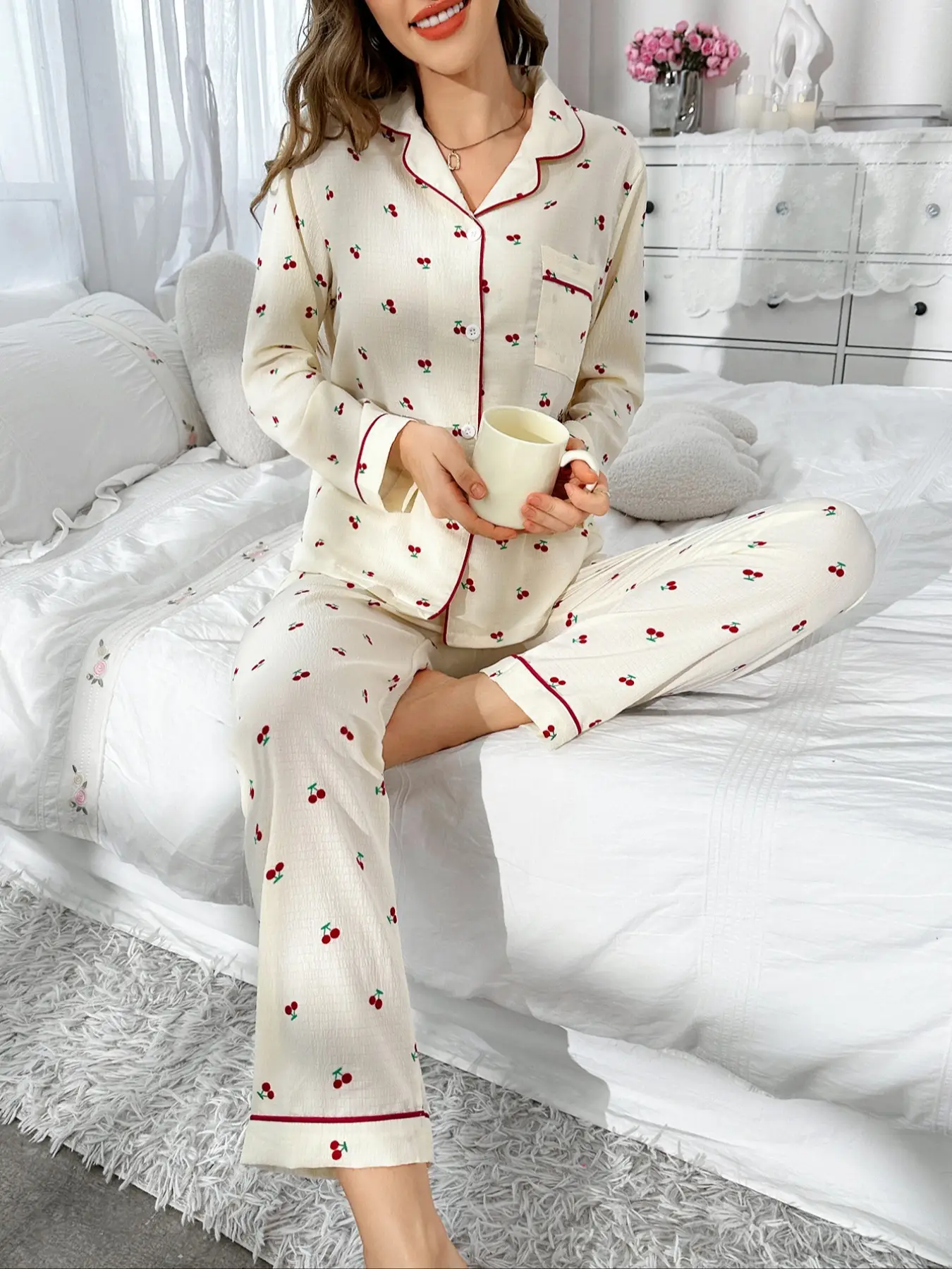 Women's Button Front Blouse & Bow Front Contrast Binding Pants Pyjama Set, Casual Long Sleeve Lapel Top & Trousers, Summer Outfits 2024, Sleepwear for