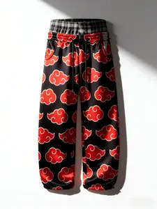 Women's Vintage School Anime Print Fake Two-Piece Wide Leg Pants, Retro Manga Uniform Graphic High Waisted Palazzo Trousers with Side Pockets, Elastic Waist Casual Bottoms