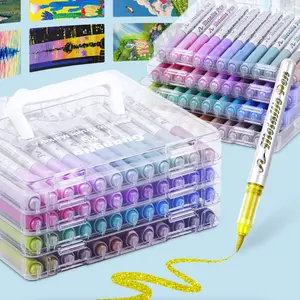 Metallic Brush Marker Pens,Automatic Ink Control Acrylic Paint Metallic Pens Art Markers With Layered Storage Box,Brush Tip Acrylic Paint Pens for Rock Painting, Ceramic, Wood, Canvas, Glass, Stone, Fabric, Card Making, DIY & Art Supplies