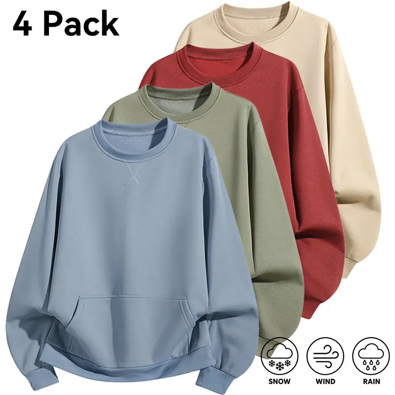 Men's Solid Plain Fleece Crewneck Sweatshirt - Soft Breathable Long Sleeve Loose Fit Pullover Top with Front Kangaroo Pocket, Minimalist Streetwear Mens Basics for Casual Daily Wear, 5 Colors, 1-Piece/4-Pack Options