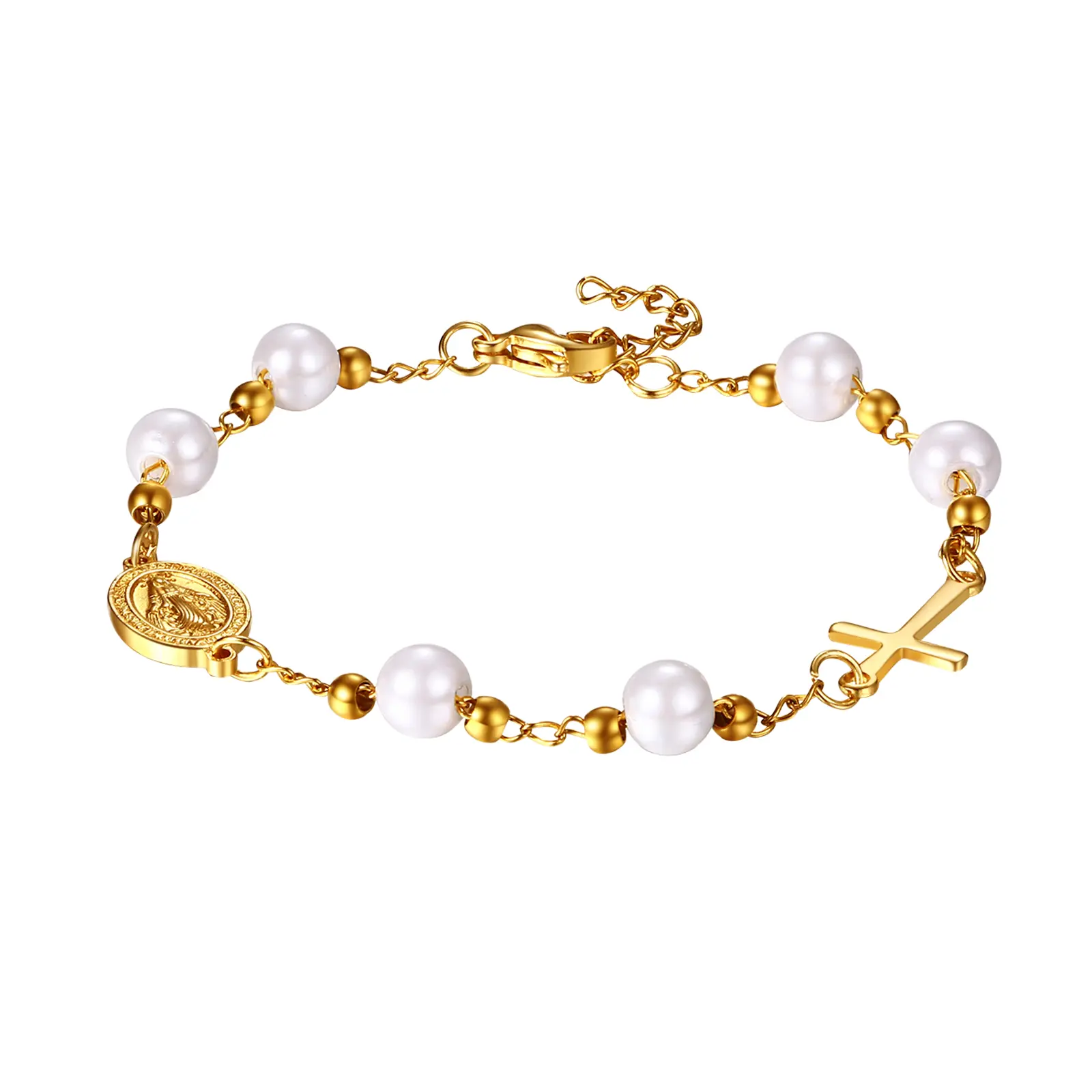 OIDEA Saint Benedict Rosary Bracelet for Women, Imitation Pearl Beads with Stainless Steel Blessed Cross & Medal, Adjustable Religious Jewelry, Bracelets & Bangles Metal Cross Crucifix, Blessed Cross Bracelets & Bangles