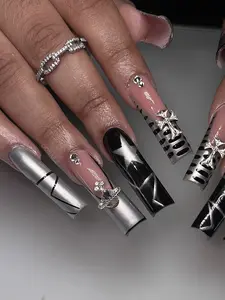 24Pcs Y2K Black Silver French Press On Nails | Long Coffin Shape | Luxury Rhinestone Design | Reusable Fake Nails