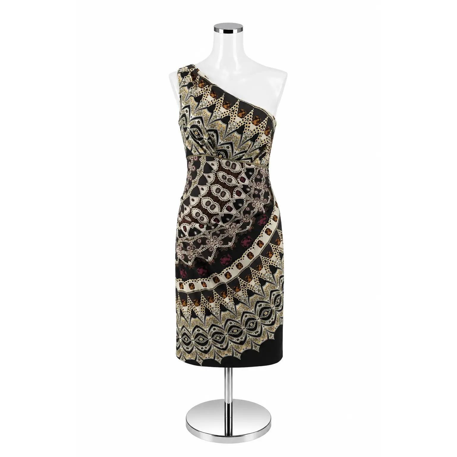 Nicole Miller Silk One Shoulder Ruched Bodycon Dress Size 8 | Baroque Chain Print