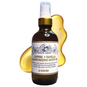Mystic Angel Coffee Vanilla Body Oil 4 Oz - Enriched with Sweet Almond & Apricot Oils for Dry Skin Hair & Nails - Non-Greasy & Chemical-Free - Made in the USA