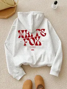 Women’s Letter Print Drop Shoulder Hoodie Casual Drawstring Hooded Sweatshirt No Pocket Pocket