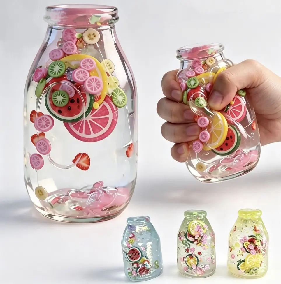 Transparent Fruit-Themed Soft Plastic Squishy Bottle, Slow-Rebound Stress Reliever Fidget Toy with Fruit Slices and Glitter